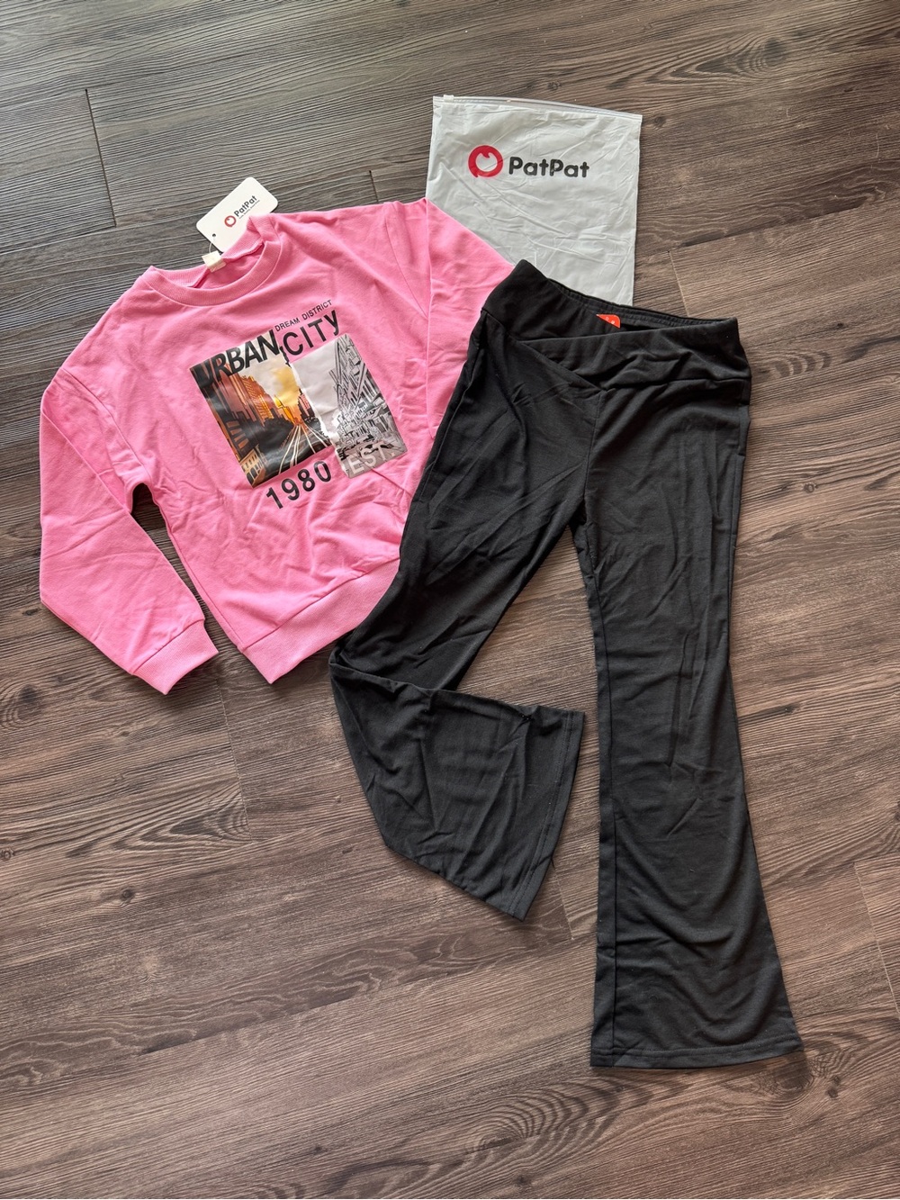PatPat Pink Graphic 'Urban City' Sweatshirt with Black Flare Pants